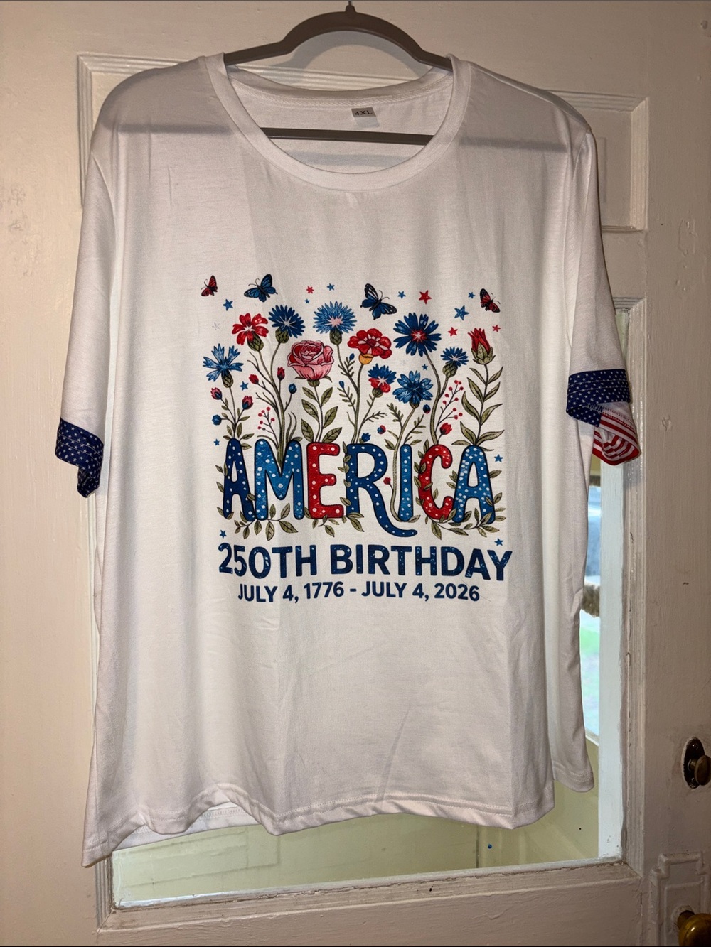 Patriotic America 250th Birthday White Tee with Red Stripe & Blue Star Trim